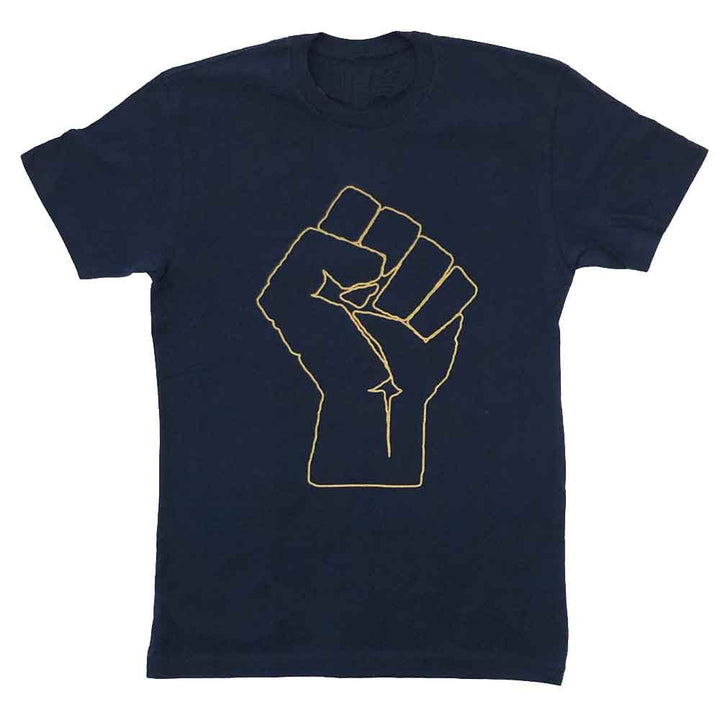 Navy blue t-shirt with a yellow fist graphic on a white background