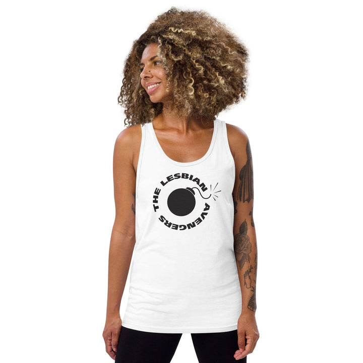 Woman wearing a white tank top with a black The Lesbian  Avengers and bomb graphic on a white background