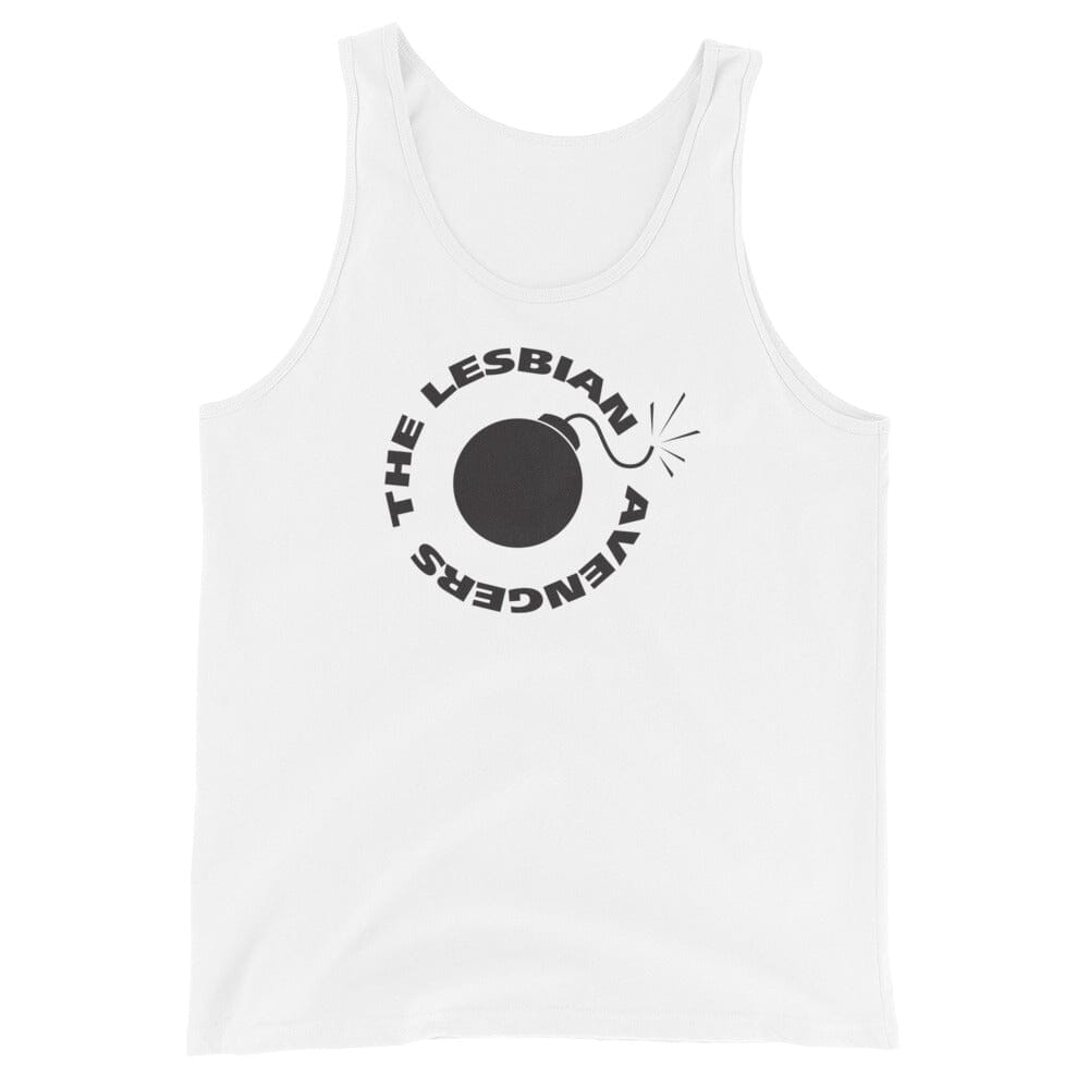 White tank top with black The Lesbian  Avengers and bomb graphic on a white background