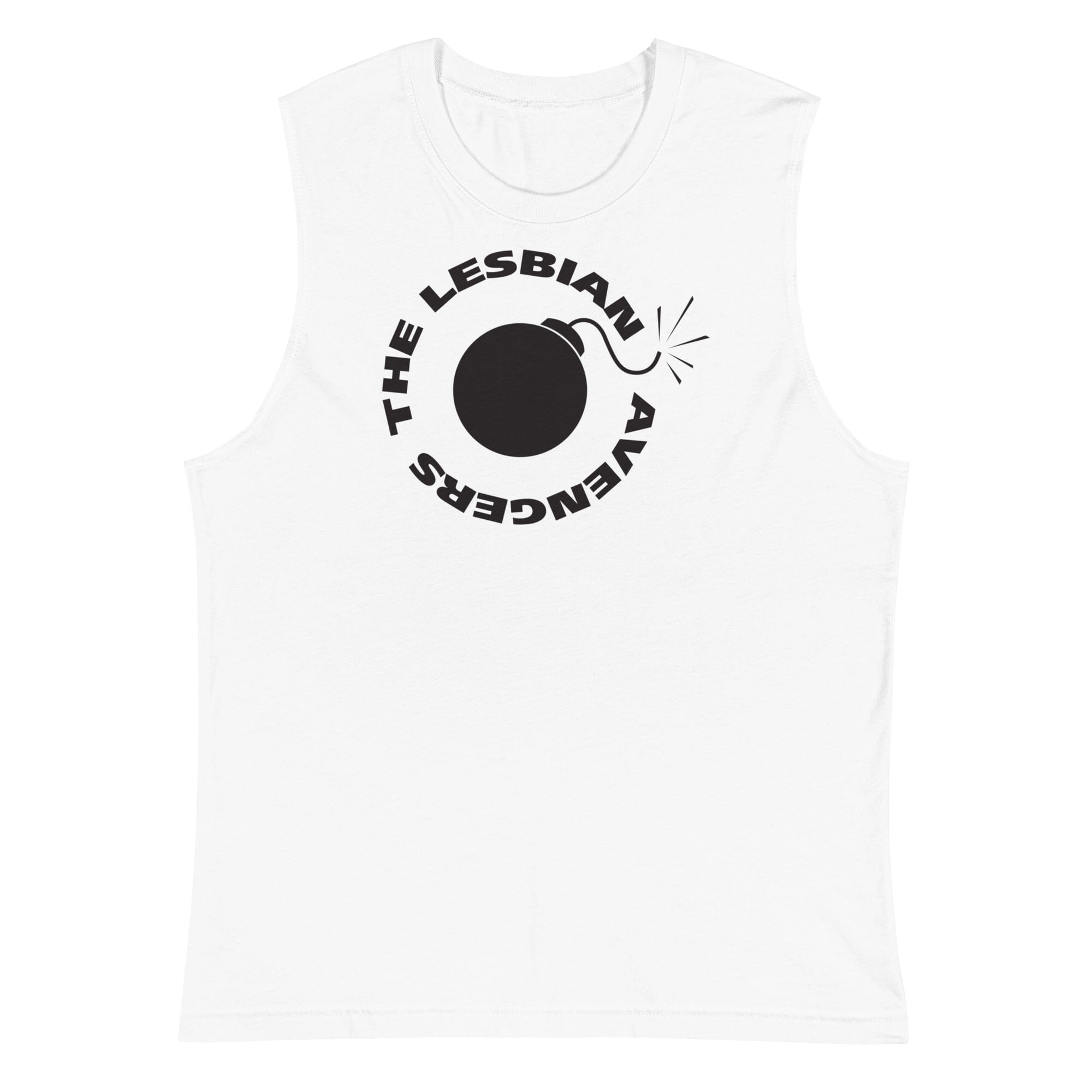 White sleeveless t with black bomb and The Lesbian Avengers graphic