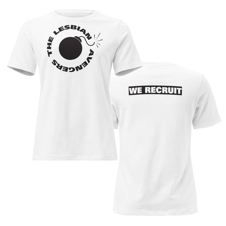 White t-shirt with black The Lesbian  Avengers and bomb graphic and text on a white background 