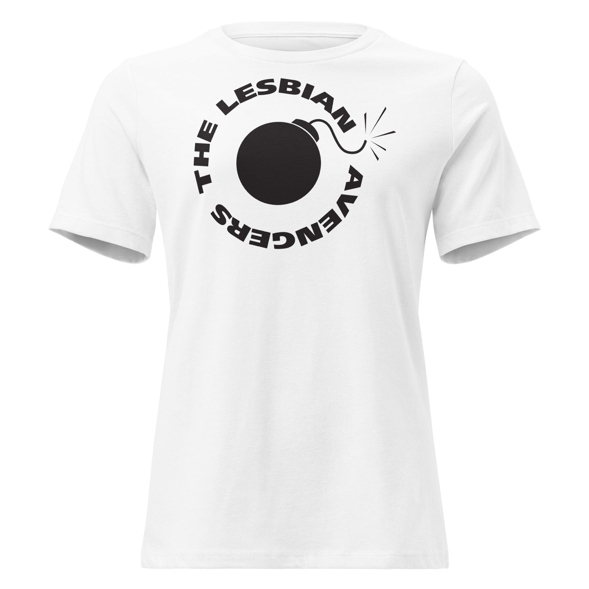 White t-shirt with black The Lesbian  Avengers and bomb graphic and text on a white background