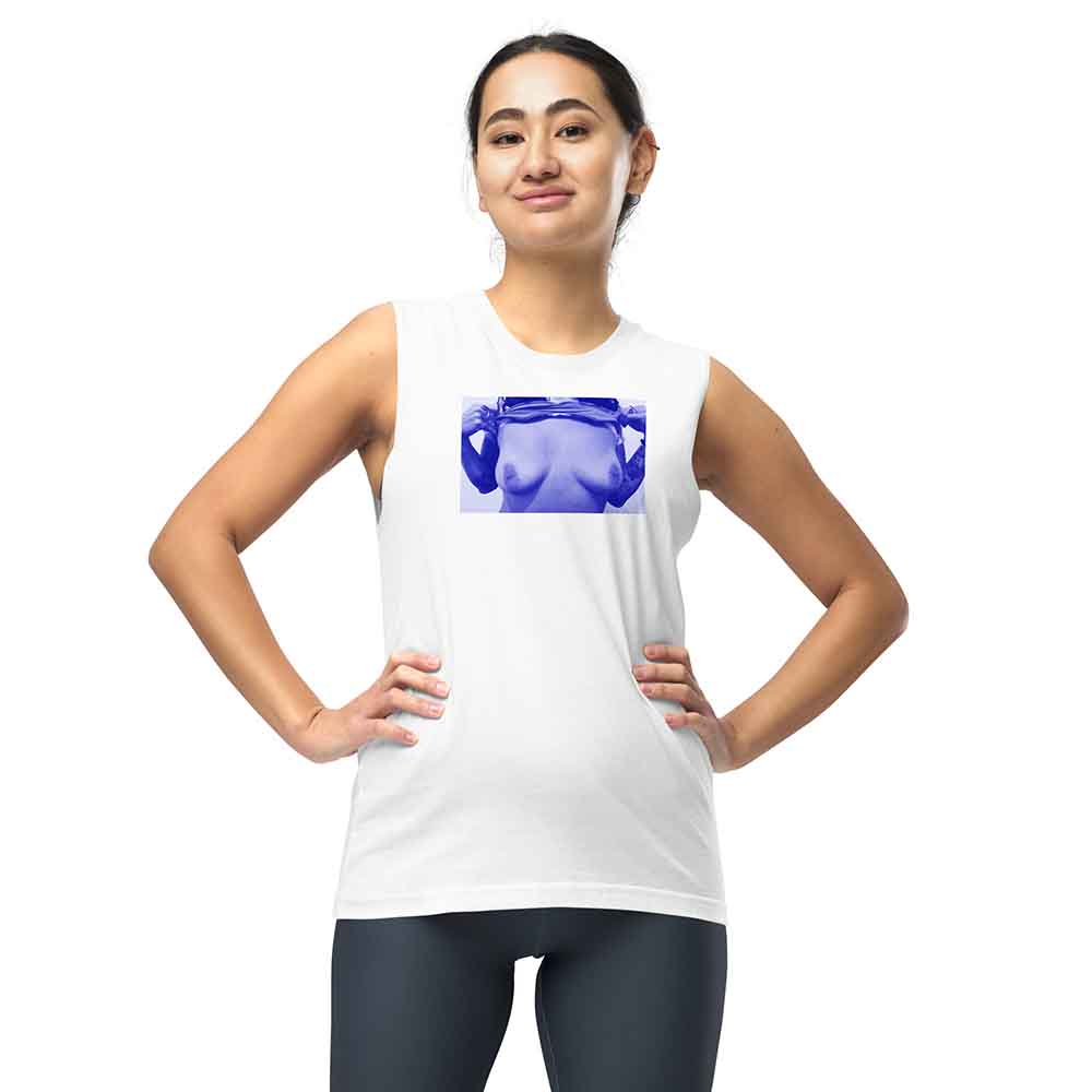 Woman wearing a white sleeveless shirt with a graphic of a person flashing their titties on a white background