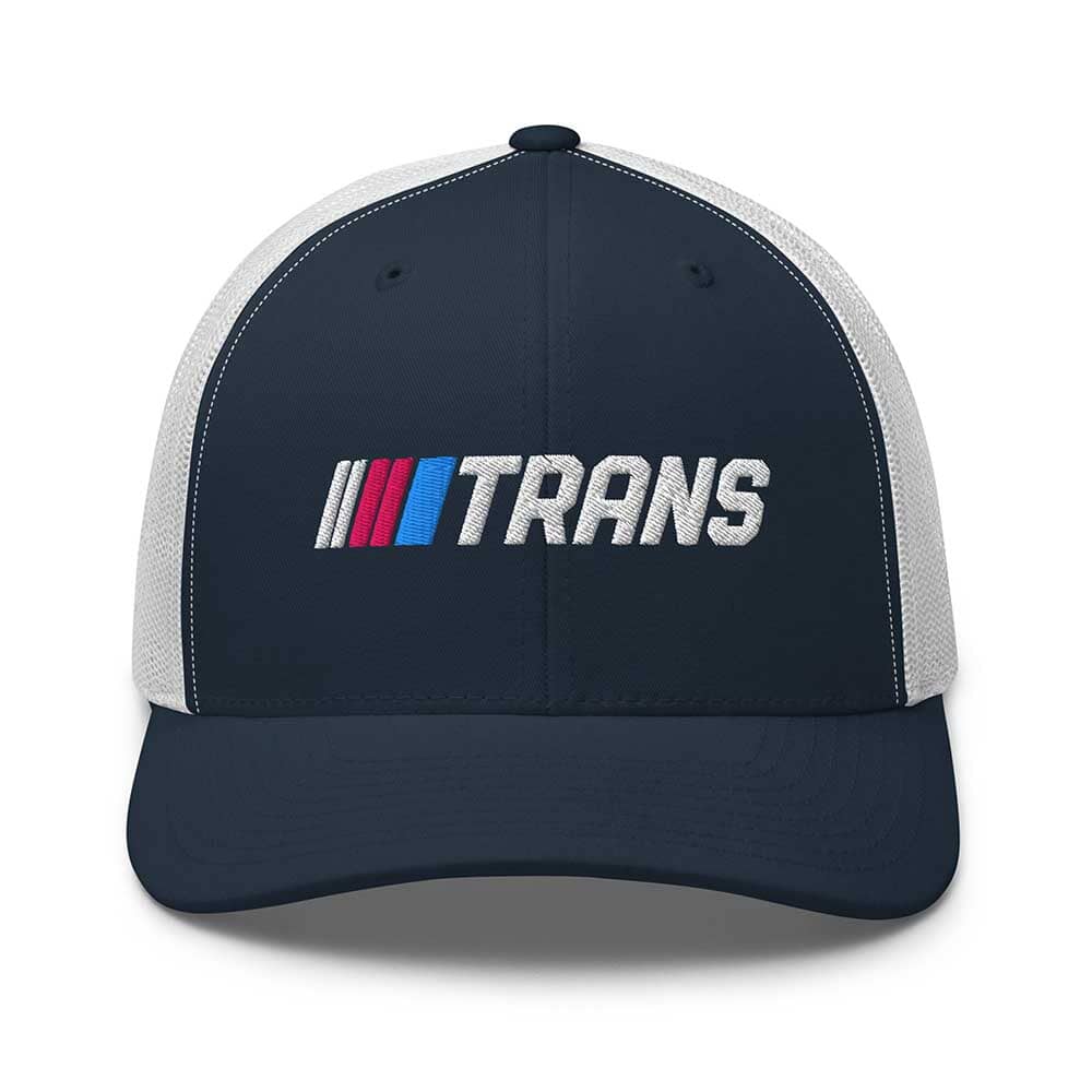 Navy and white cap with 'TRANS' logo on a white background