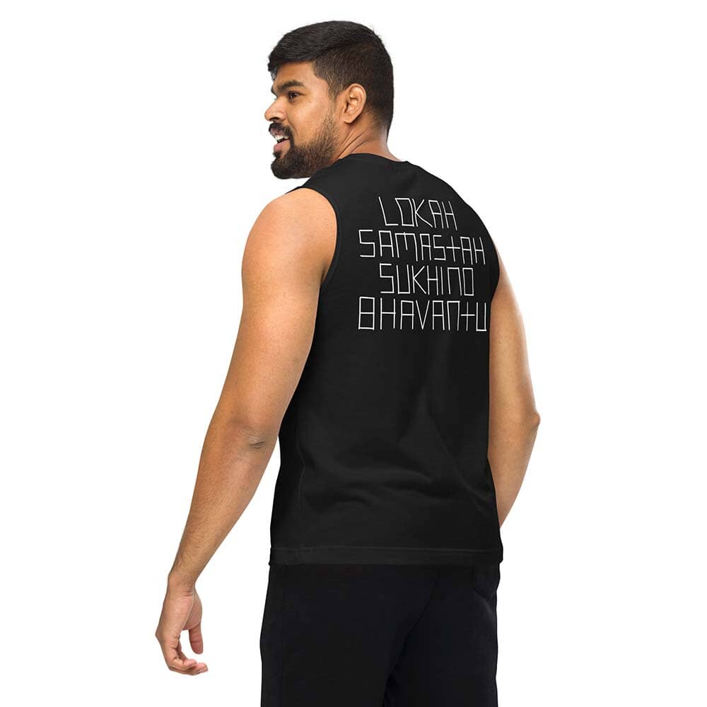 black Sleeveless Tee lokah samastah sukhino bhavantu back on man