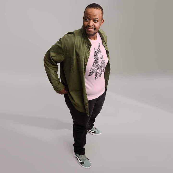 brian kenny unicorn graphic t-shirt soft pink on man