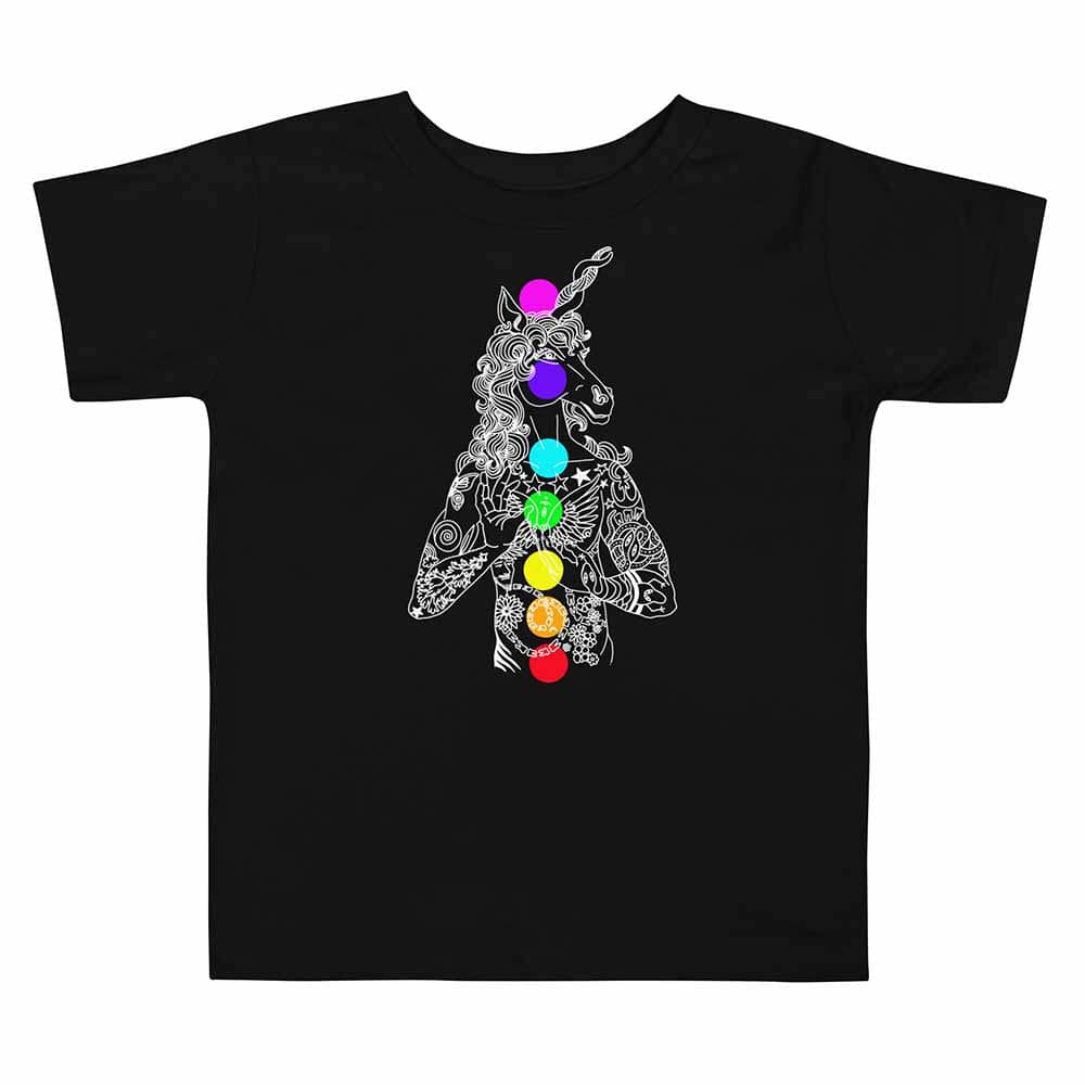 Black t-shirt with a unicorn design featuring colorful chakra symbols on a white background