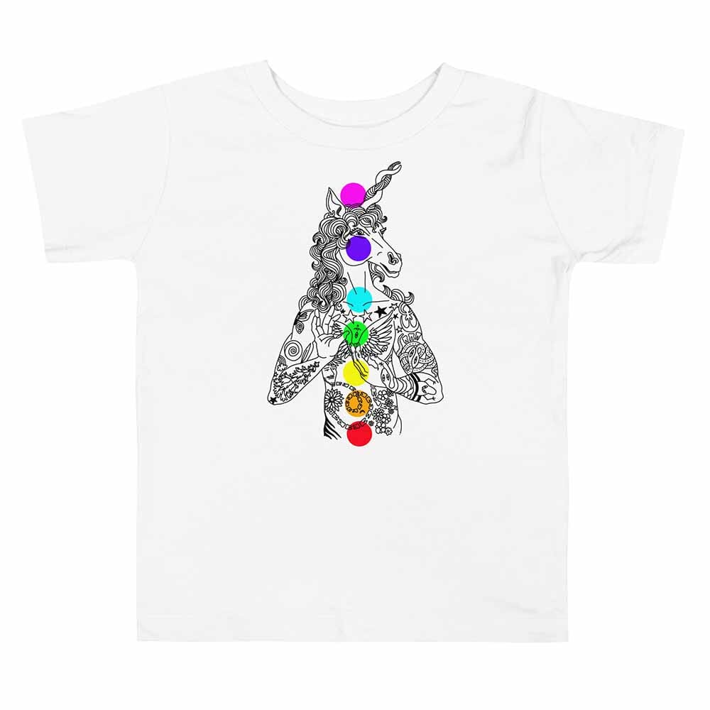 White t-shirt with a unicorn design featuring colorful gemstones on a white background