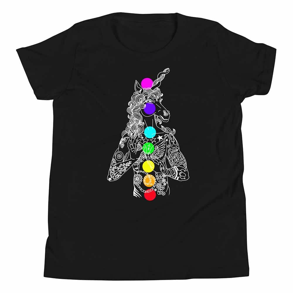 Black t-shirt with a unicorn design featuring colorful chakra balls on a white background