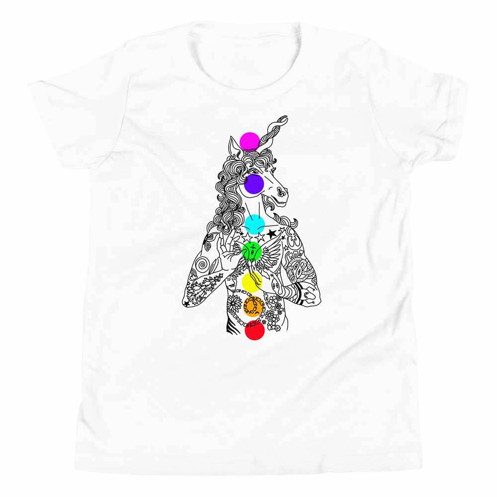 White t-shirt with a colorful unicorn design on a white background