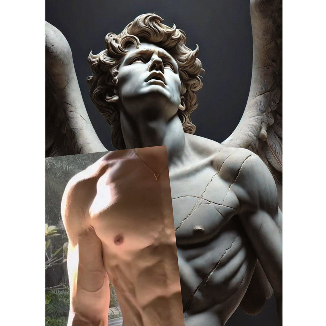 Queer art collage postcard by Naro Pinosa layering a real male torso over a large neoclassical winged male sculpture gazing upward against a dark background.