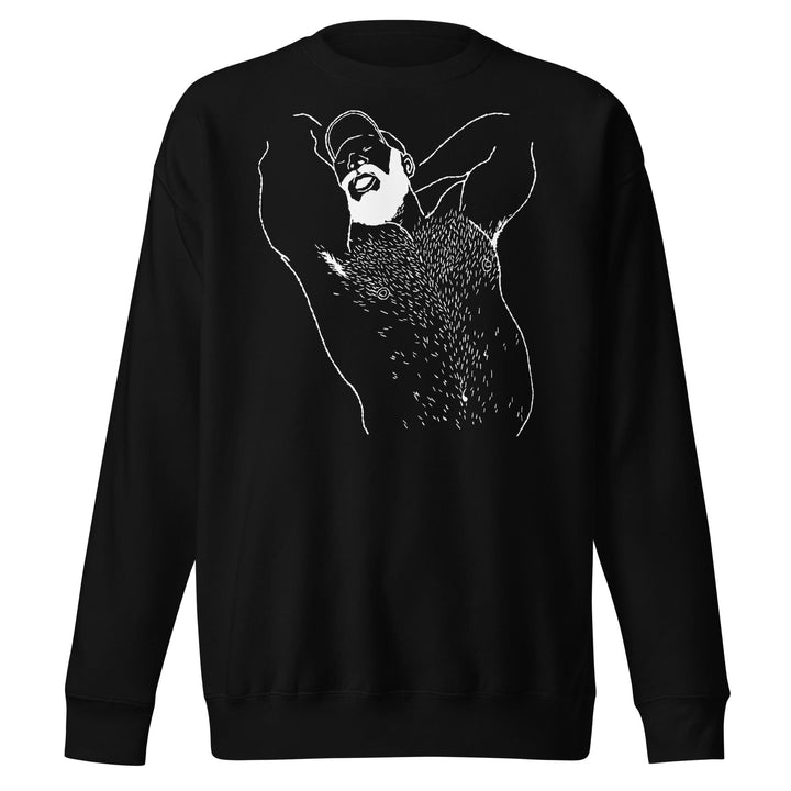 Black unisex premium crewneck sweatshirt with bold white line-art bear illustration by queer artist Kinky Needles, Adam&