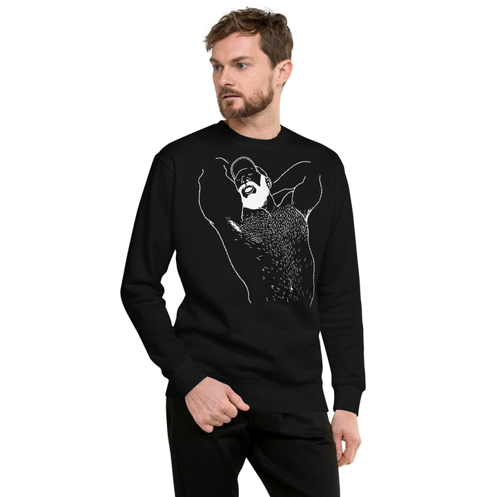 Man wearing black unisex premium crewneck sweatshirt with white queer bear art by Kinky Needles, available at Adam&