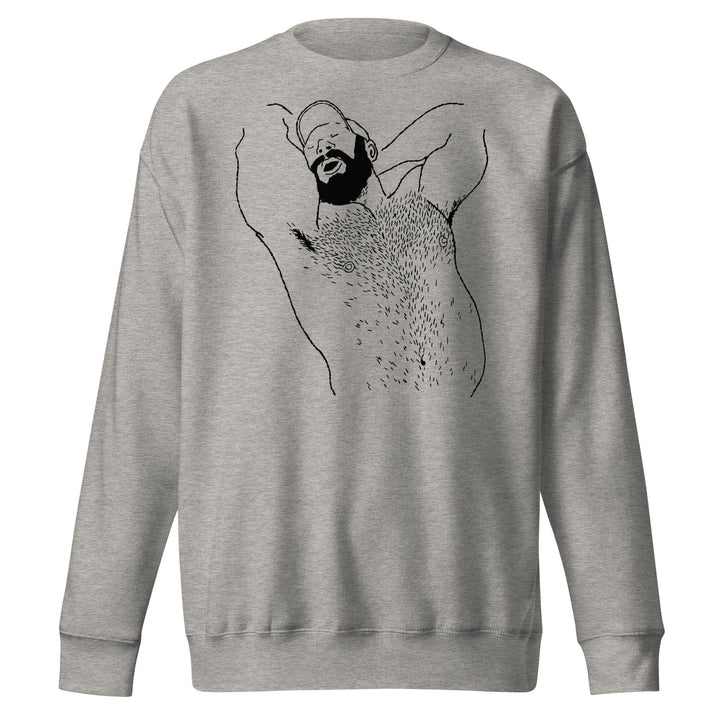 Carbon grey unisex premium crewneck sweatshirt featuring black queer bear illustration by Kinky Needles, exclusive to Adam&