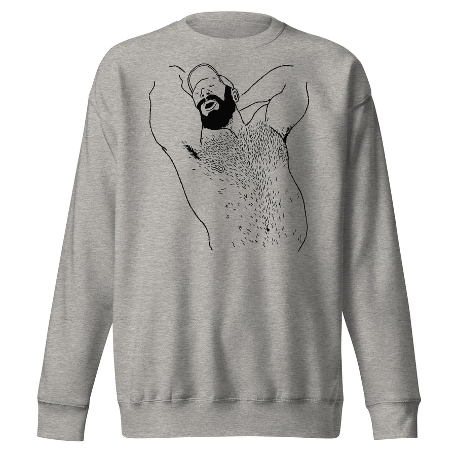Kinky Needles Arms Up Bearded Bear Black Print Crew Sweatshirt by Kinky Needles