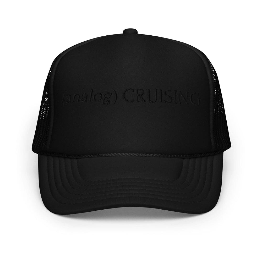 black foam trucker hat with (analog) CRUISING black embroidery, ghost front view, Leo Herrera x Adam&