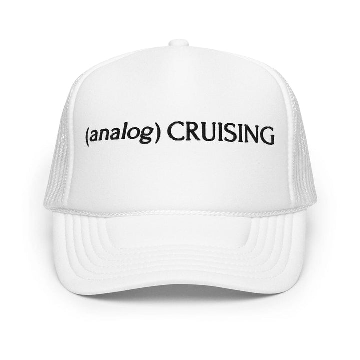 white foam trucker hat with (analog) CRUISING black embroidery, ghost front view, Leo Herrera x Adam&