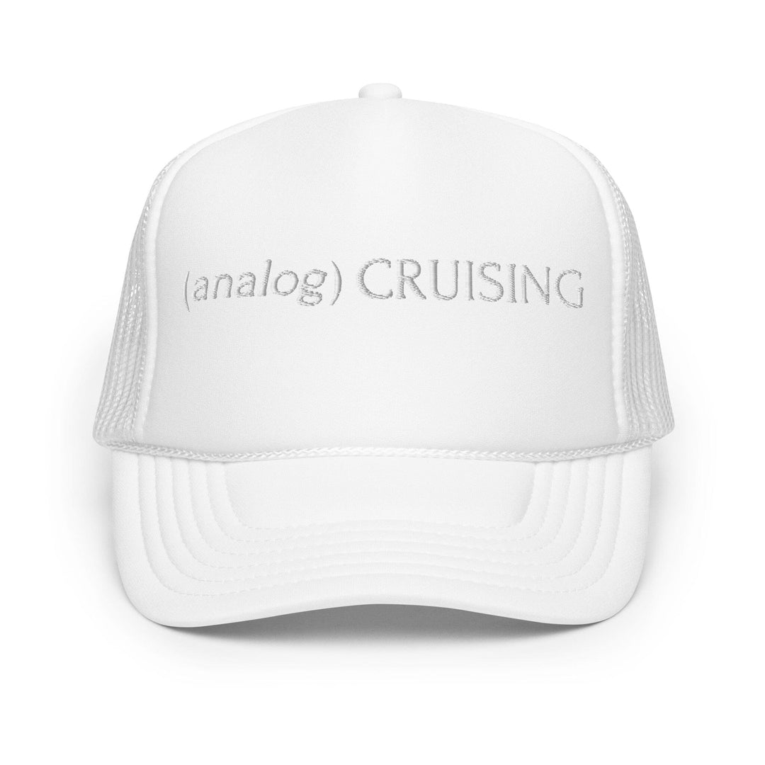 White foam trucker hat with (analog) CRUISING white embroidery, ghost front view, Leo Herrera x Adam&
