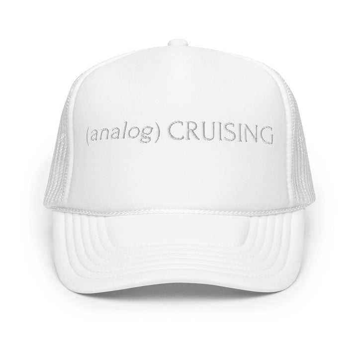 White foam trucker hat with (analog) CRUISING white embroidery, ghost front view, Leo Herrera x Adam&