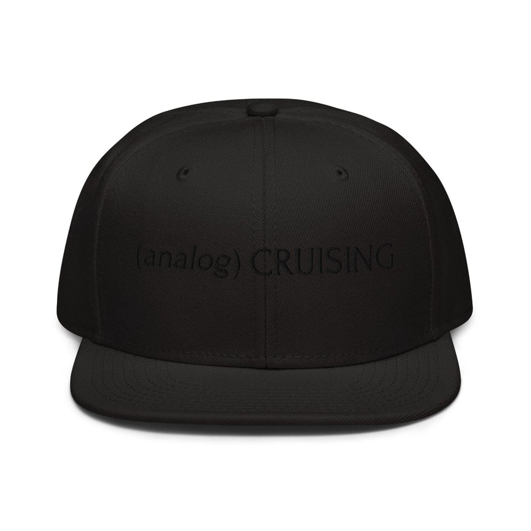 Black Otto 6 panel snapback with (analog) CRUISING black embroidery, ghost front view, Leo Herrera x Adam&