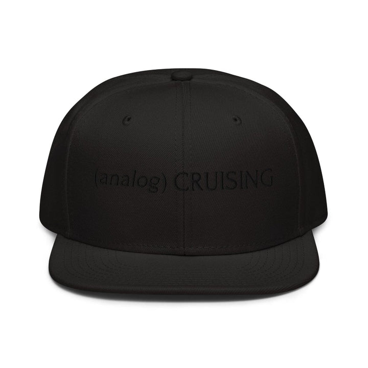 Black Otto 6 panel snapback with (analog) CRUISING black embroidery, ghost front view, Leo Herrera x Adam&