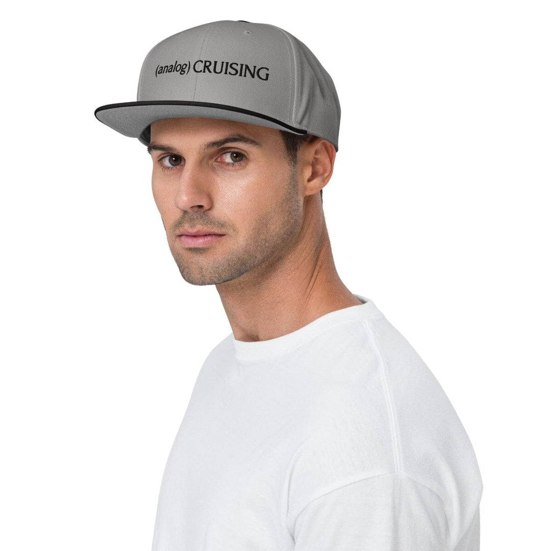 Male model wearing black / gray / gray Otto (analog) CRUISING snapback, right front view, Leo Herrera x Adam&