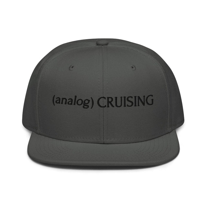 Charcoal Otto 6 panel snapback with (analog) CRUISING black embroidery, ghost front view, Leo Herrera x Adam&