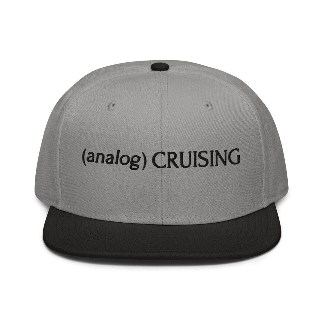 Gray Otto 6 panel snapback with (analog) CRUISING black embroidery, black brim, front view, Leo Herrera x Adam&