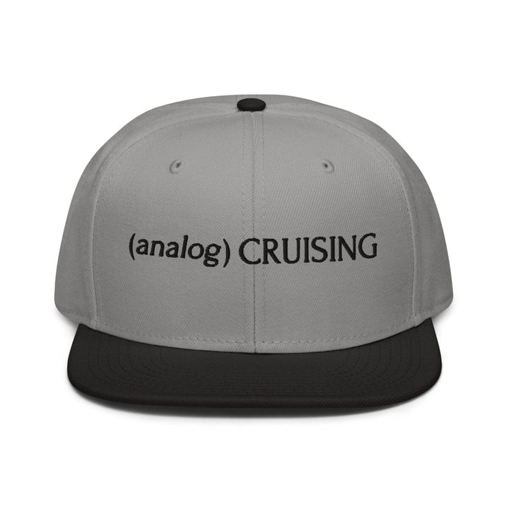 Gray Otto 6 panel snapback with (analog) CRUISING black embroidery, black brim, front view, Leo Herrera x Adam&