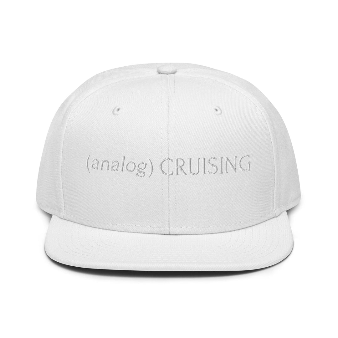 White Otto 6 panel snapback with (analog) CRUISING white embroidery, ghost front view, Leo Herrera x Adam&