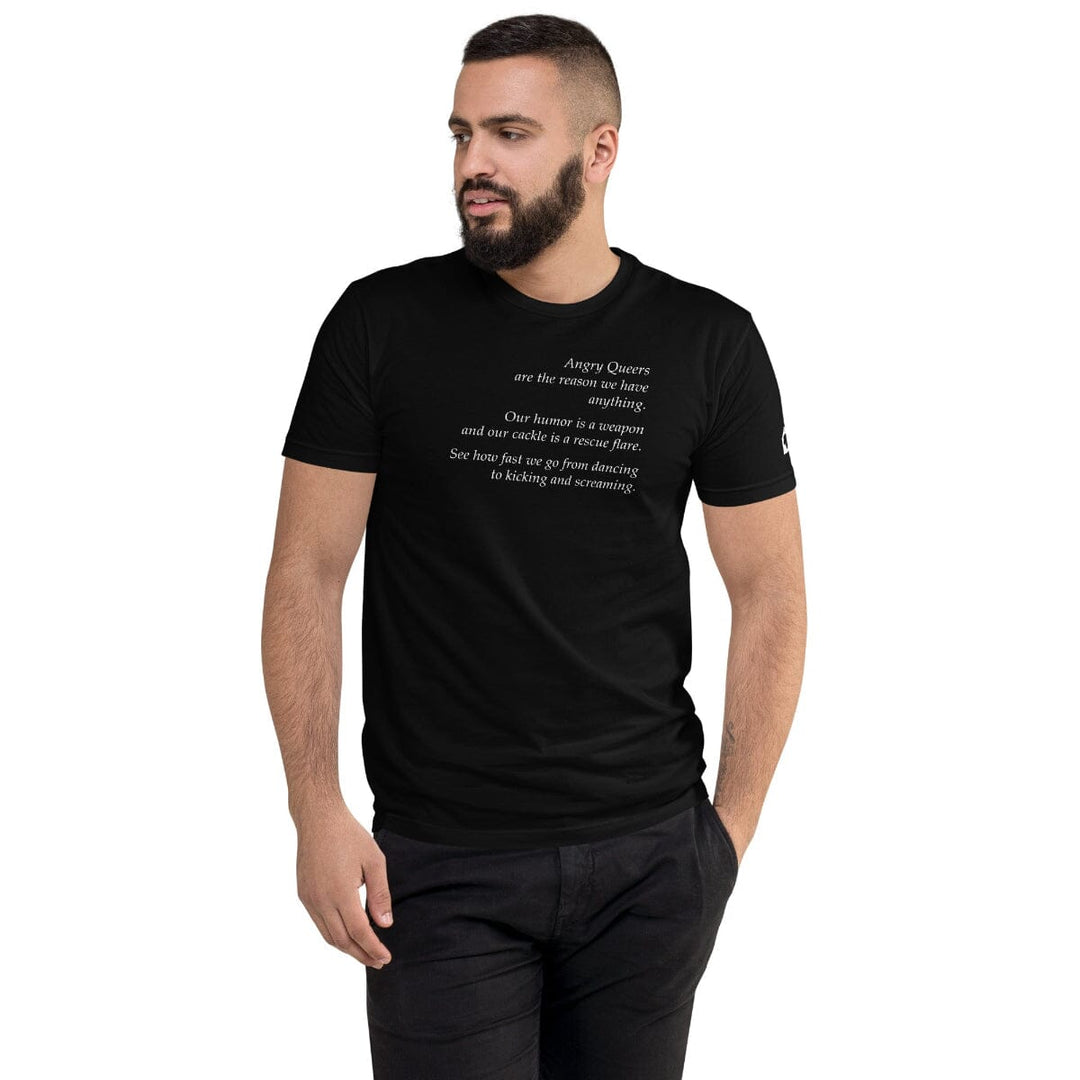 Male model wearing black fitted Leo Herrera Angry Queers t-shirt, side view, Adam&