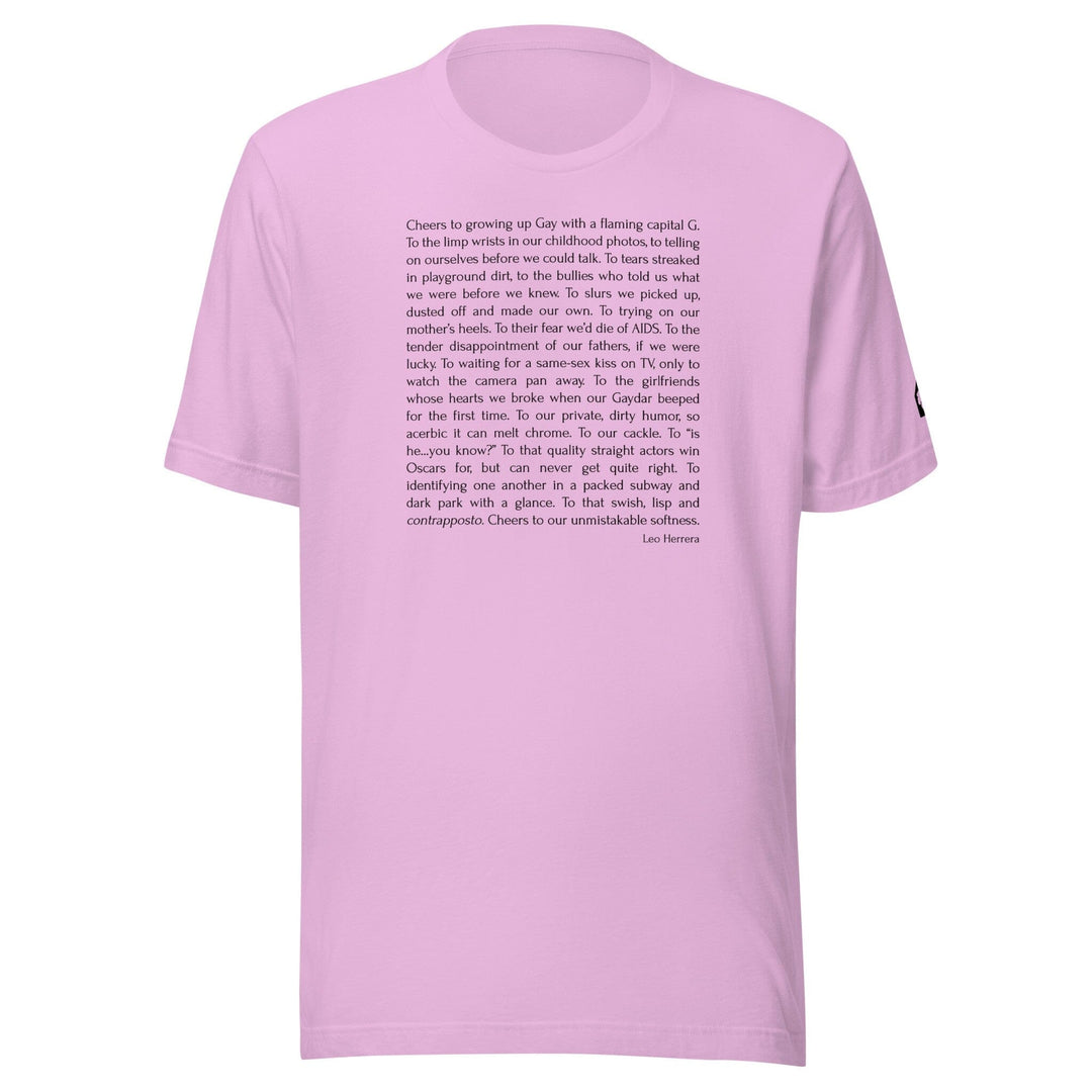 Lilac unisex t-shirt with Cheers to Growing Up Gay prose by Leo Herrera in black text, ghost mannequin front view, Adam's Nest Provincetown