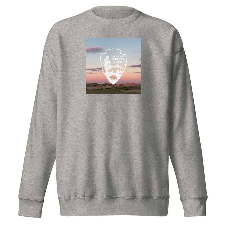 Gray sweatshirt with a graphic design on a white background