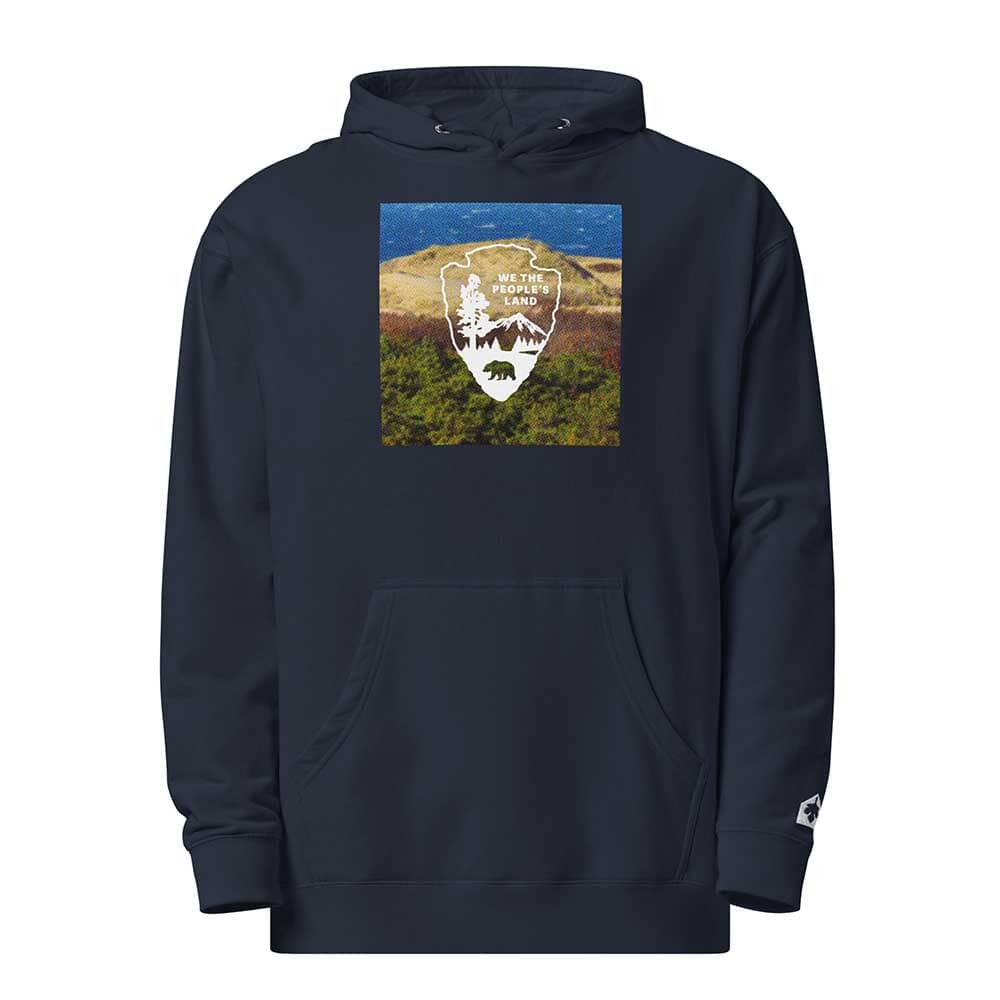 Navy blue hoodie with a nature-themed graphic on a white background