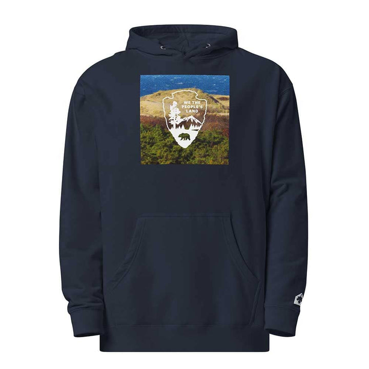 Navy blue hoodie with a nature-themed graphic on a white background