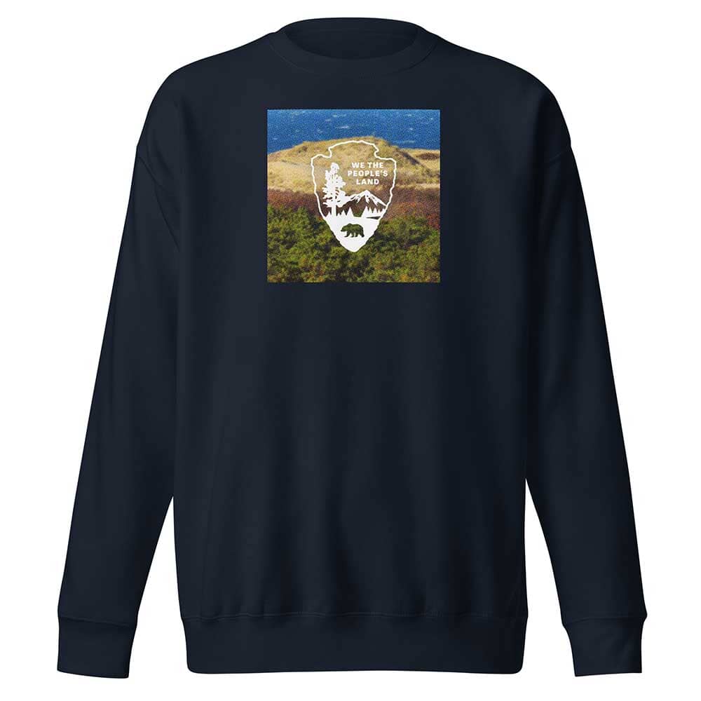 Navy sweatshirt with a nature-themed graphic on a white background