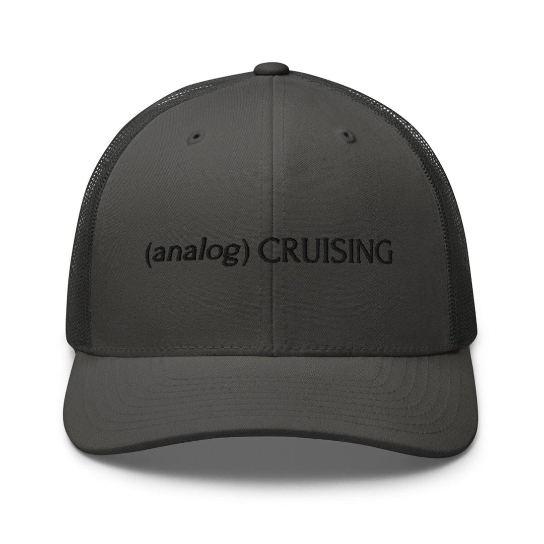 Leo Herrera (analog) CRUISING retro trucker hat in charcoal with black embroidery, front view on white background
