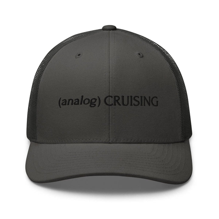 Leo Herrera (analog) CRUISING retro trucker hat in charcoal with black embroidery, front view on white background