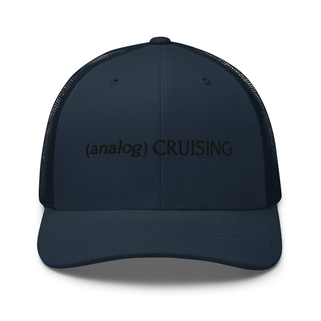 Leo Herrera (analog) CRUISING retro trucker hat in navy with black embroidery, front view on white background
