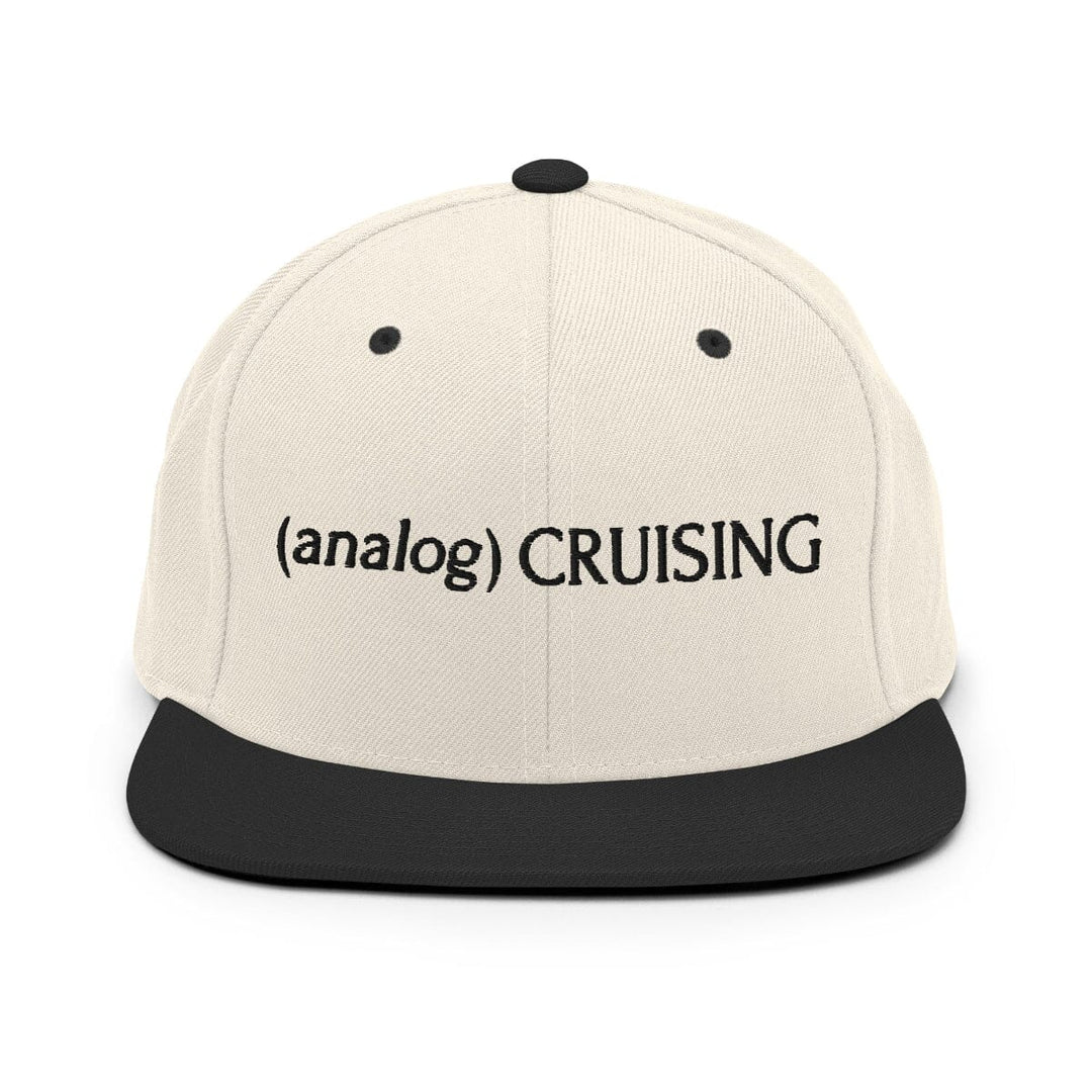 Leo Herrera (analog) CRUISING YP classic flatbill snapback in natural/black with black embroidery, front view on white background
