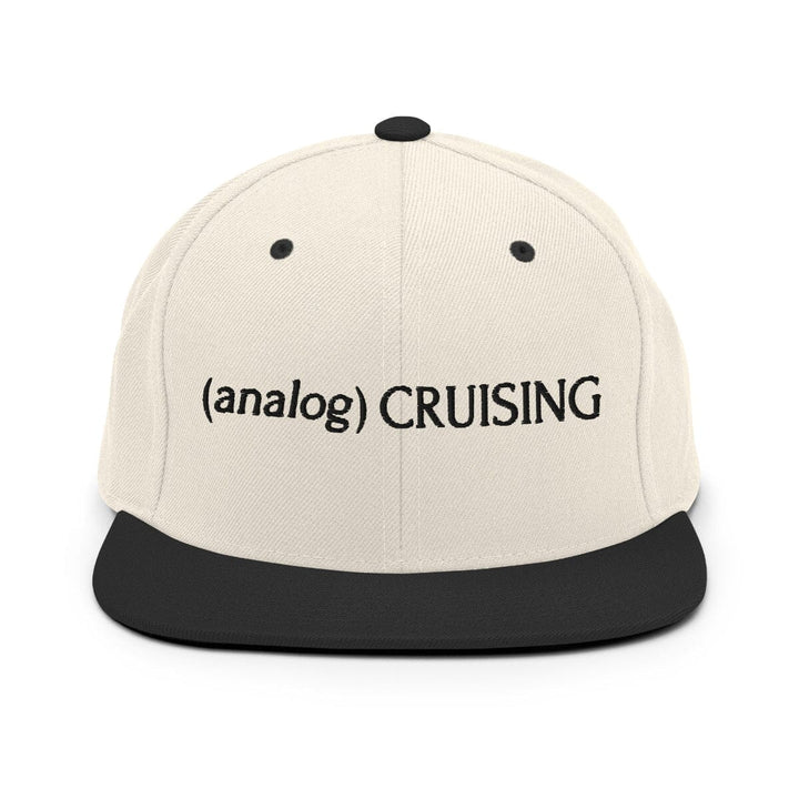 Leo Herrera (analog) CRUISING YP classic flatbill snapback in natural/black with black embroidery, front view on white background