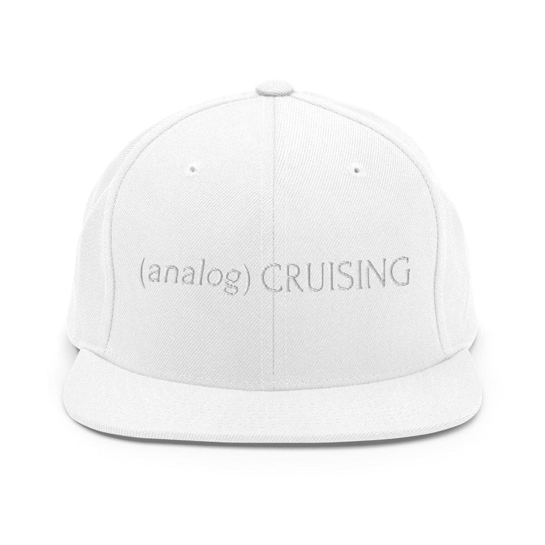Leo Herrera (analog) CRUISING YP classic flatbill snapback in white with white embroidery, front view on white background
