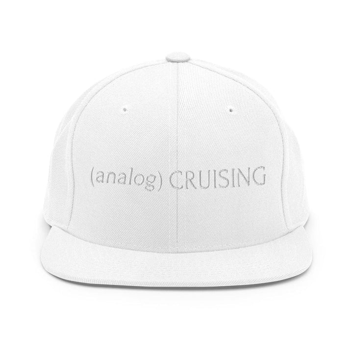 Leo Herrera (analog) CRUISING YP classic flatbill snapback in white with white embroidery, front view on white background