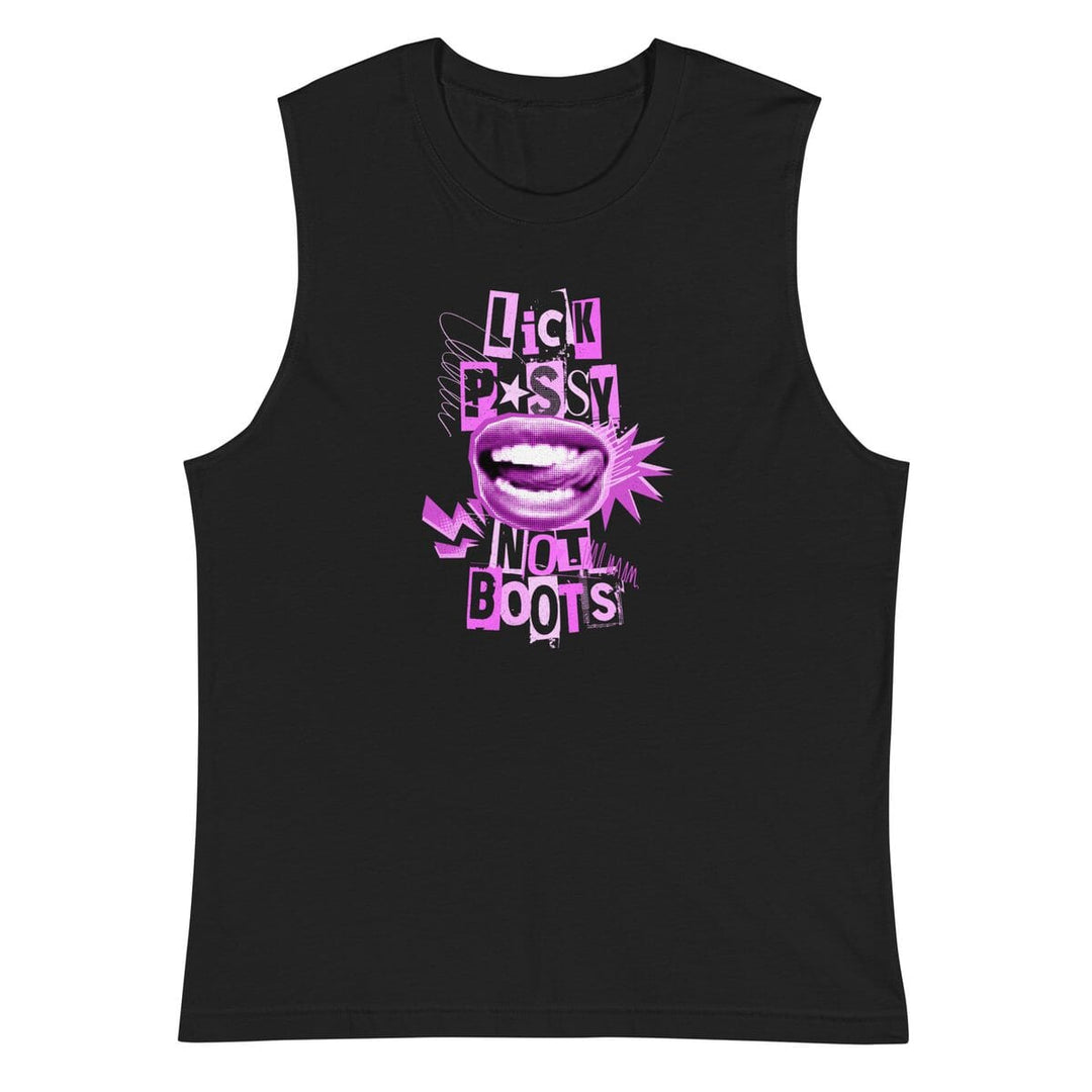Black tank top with pink graphic design on a white background