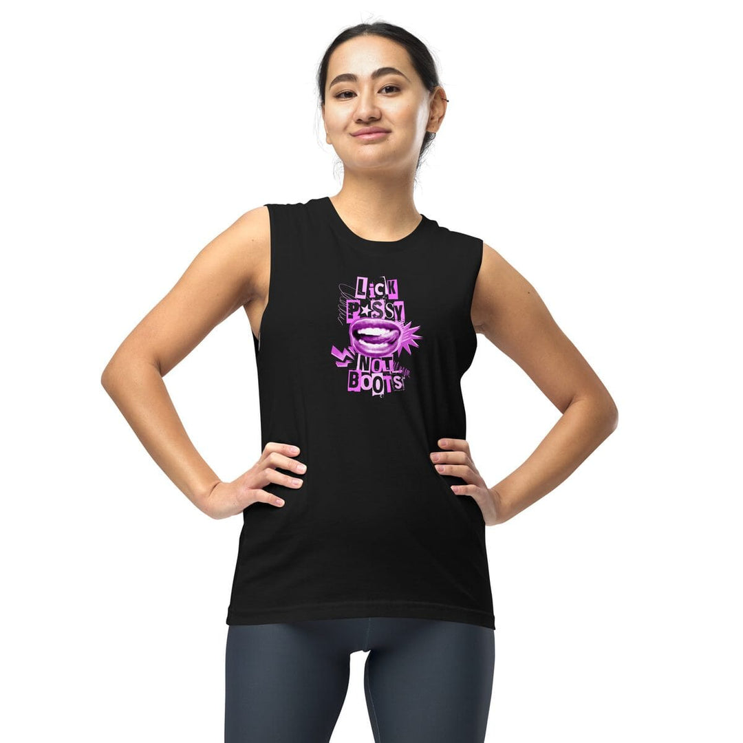 Woman wearing a black sleeveless shirt with pink text on a white background