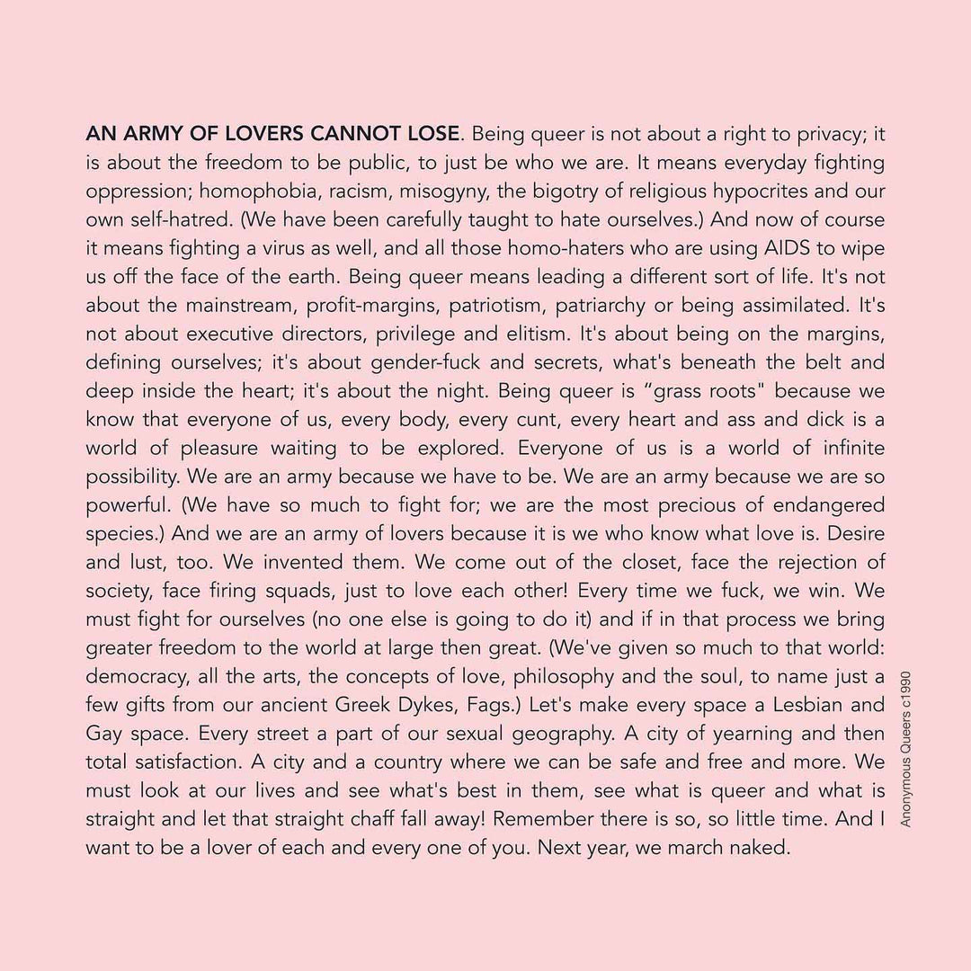 army of lovers anonymous queers text on pink
