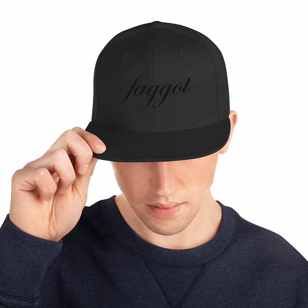 Faggot 6 Panel Flatbill Snapback Hat on man