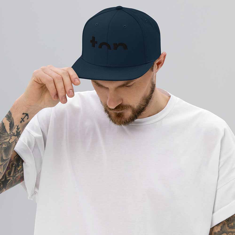 Top 6 Panel Flatbill Snapback Hat navy on man