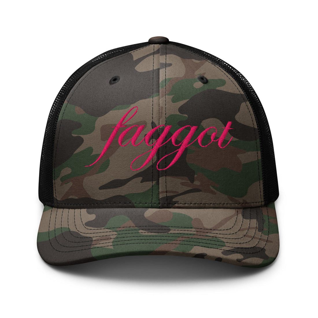 Faggot Script Camo Black Mesh Trucker Snapback Hat