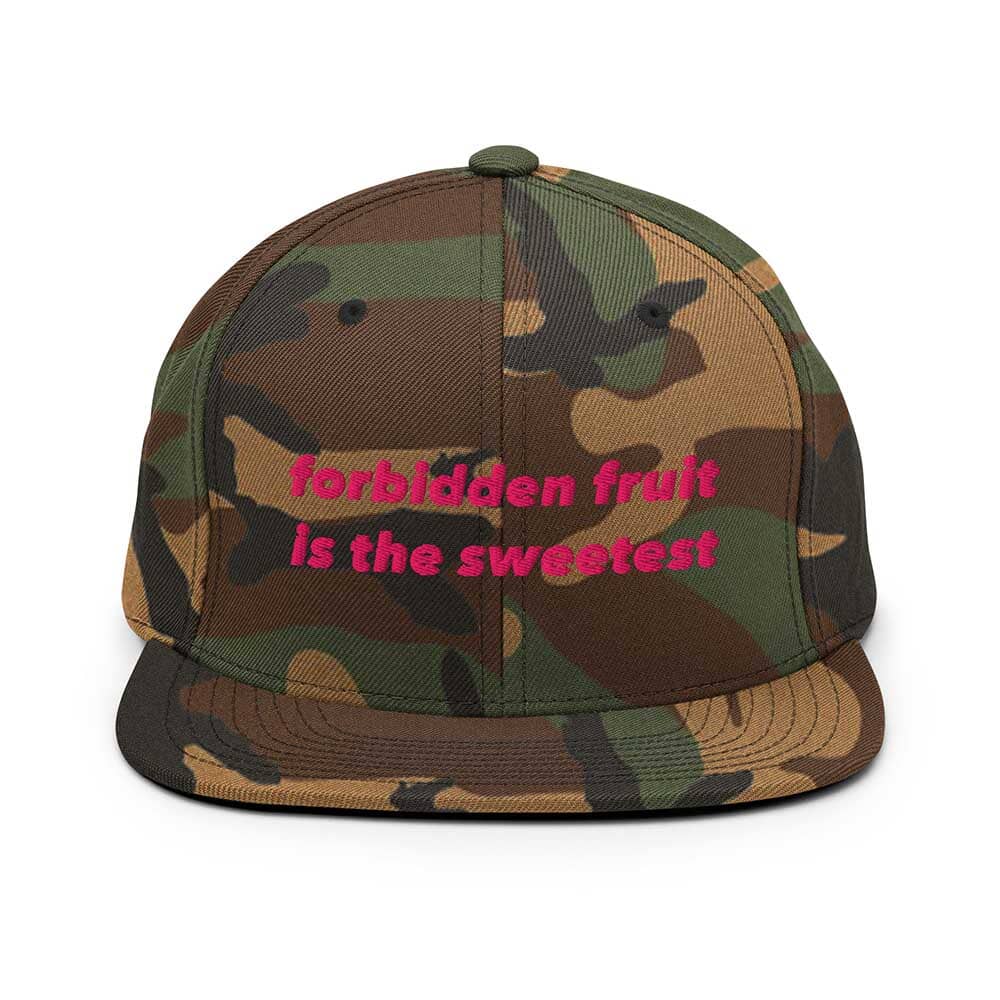 Camouflage flatbill cap with pink text 'forbidden fruit is the sweetest' on a white background